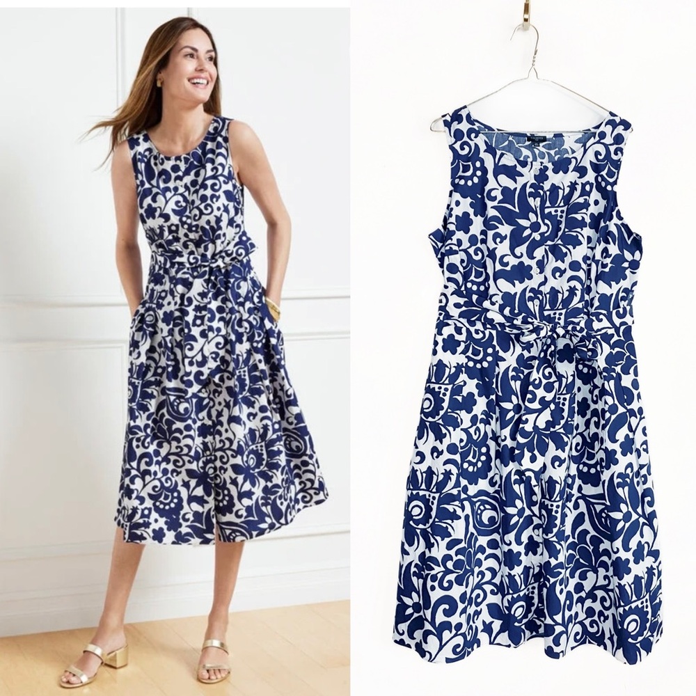 Talbots Like New Poplin Fit & Flare Dress Midi Jacobean Cotton Womens size 14W